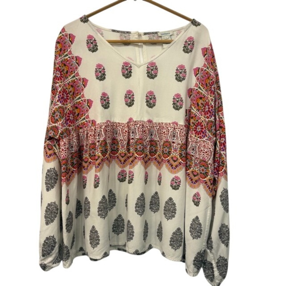 Sundance Women White Pink Floral Block Print Rayon Babydoll Blouse Top Large